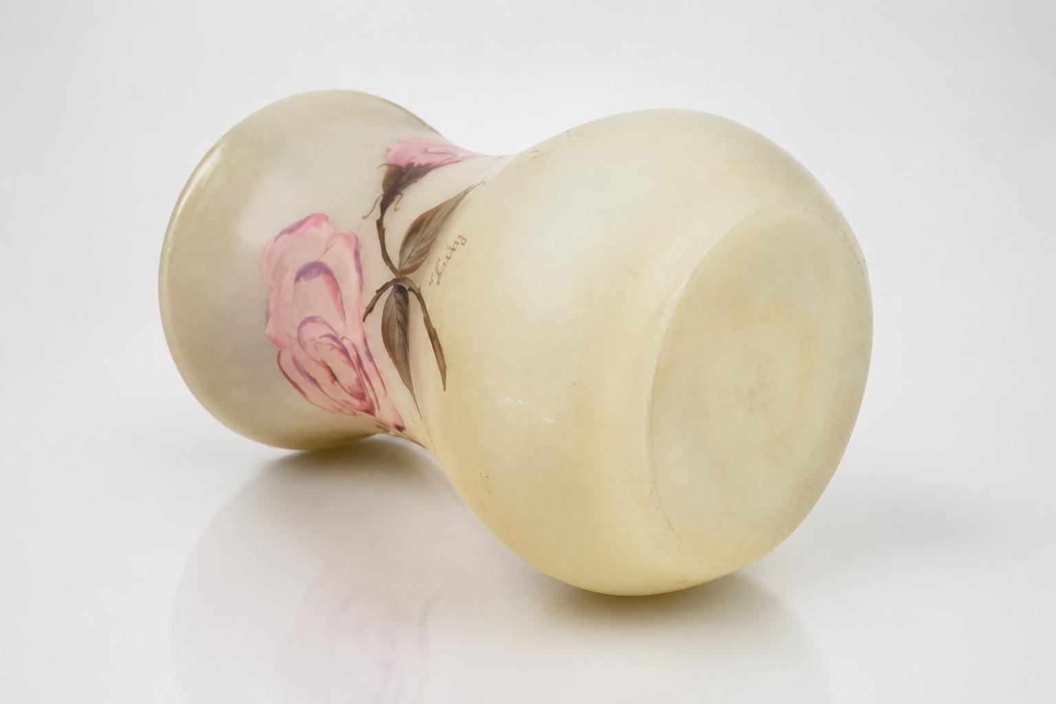 Vintage Signed "Lily" Art Deco Frosted Glass Vase, Hand-Painted Pink Roses, 1930s