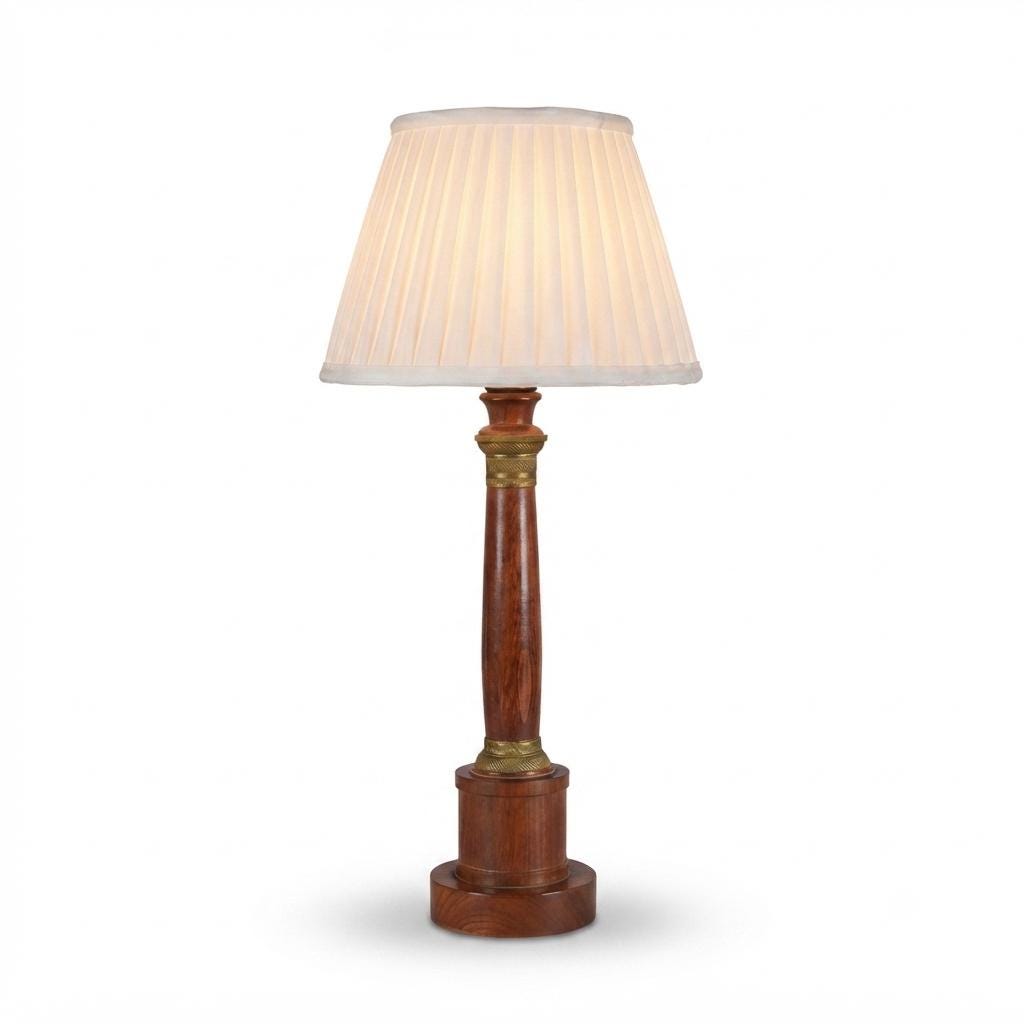 Vintage Turned Wood Column Table Lamp, Brass Collar Accents, Neoclassical Style, 1950s