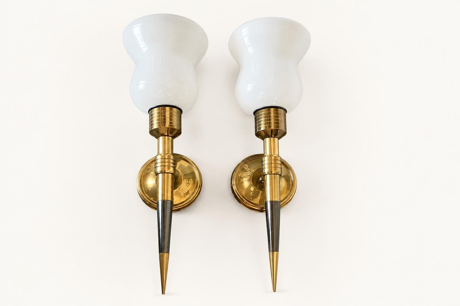 Pair of Brass and Opaline Glass Wall Sconces, 1950s