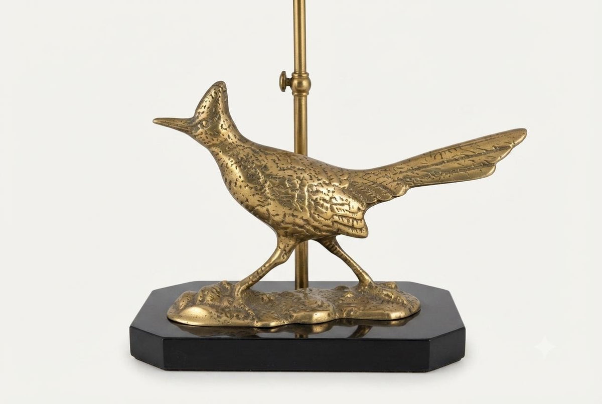 Vintage Brass Bird Table Lamp, Roadrunner Figure, Black Base, Art Deco Style, 1950s