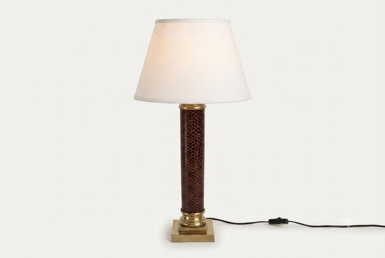 Vintage Brass Column Table Lamp, Snakeskin-Embossed Column, Square Stepped Base