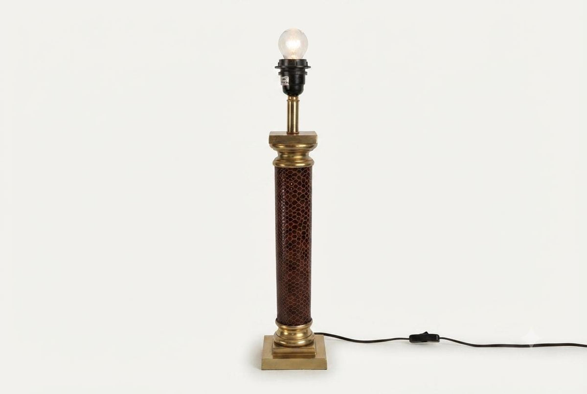Vintage Brass Column Table Lamp, Snakeskin-Embossed Column, Square Stepped Base