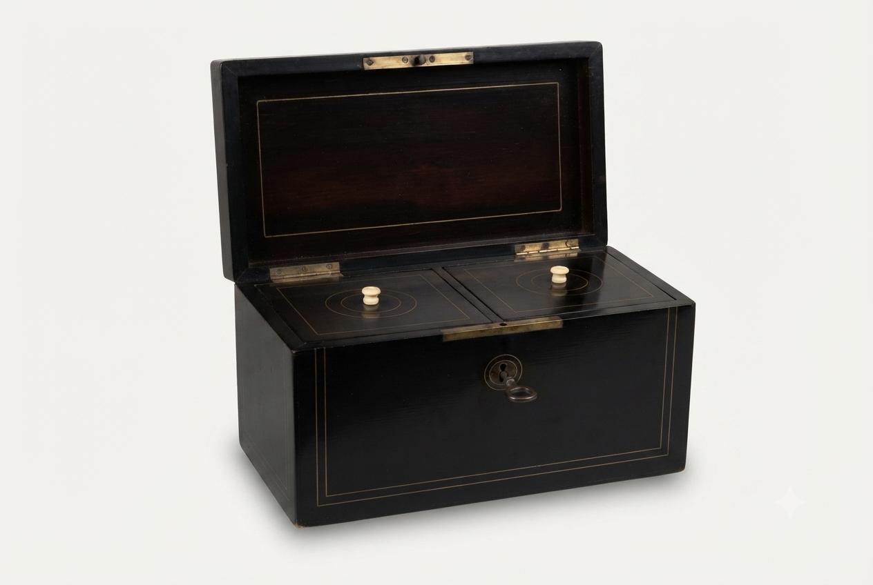 Napoleon III Style Tea Caddy, Ebonized Wood with Brass Inlay, Vintage 1950s
