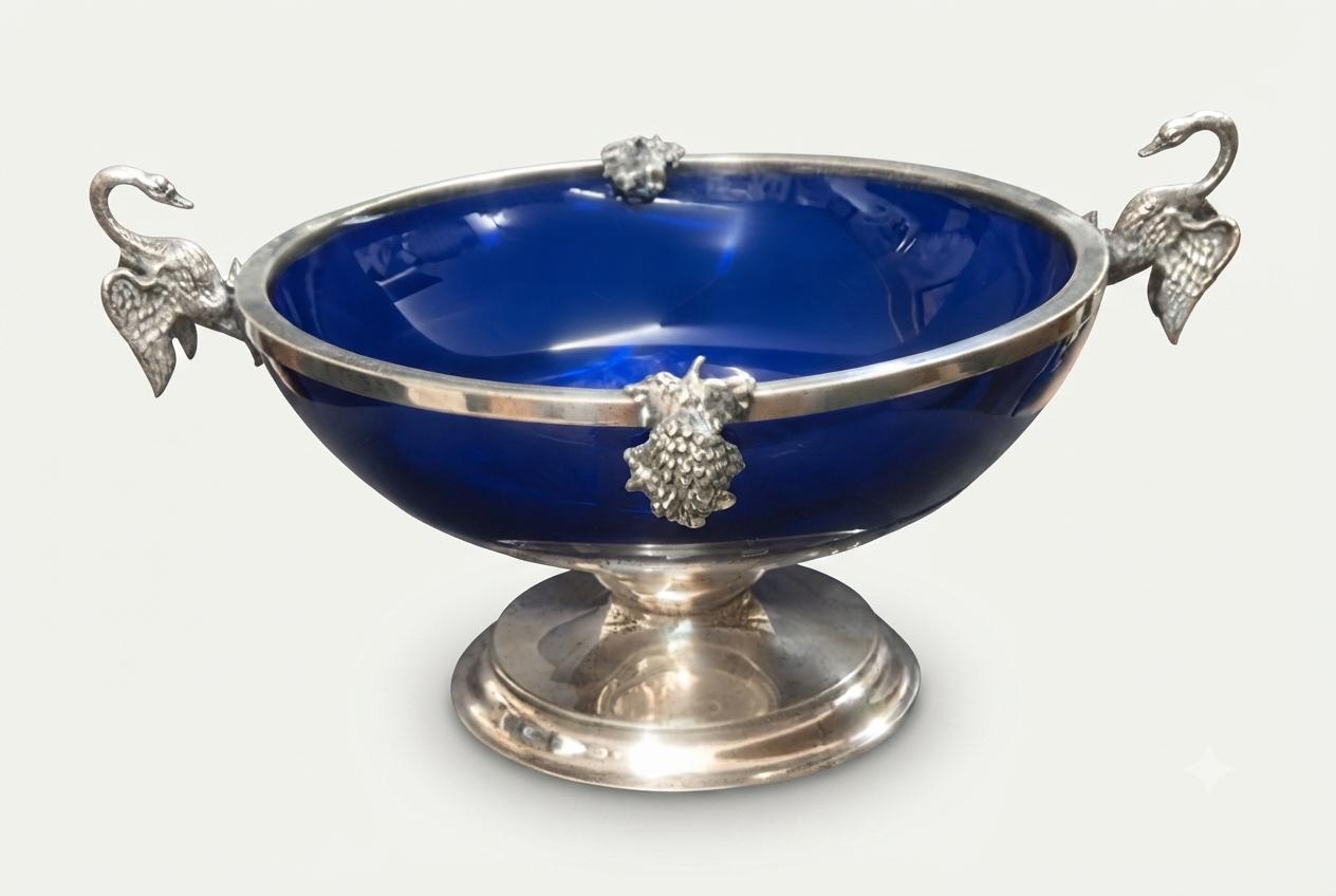 Vintage Cobalt Blue Glass Bowl, Silver-Plated Swan Handles, Grape Motif, Pedestal Base