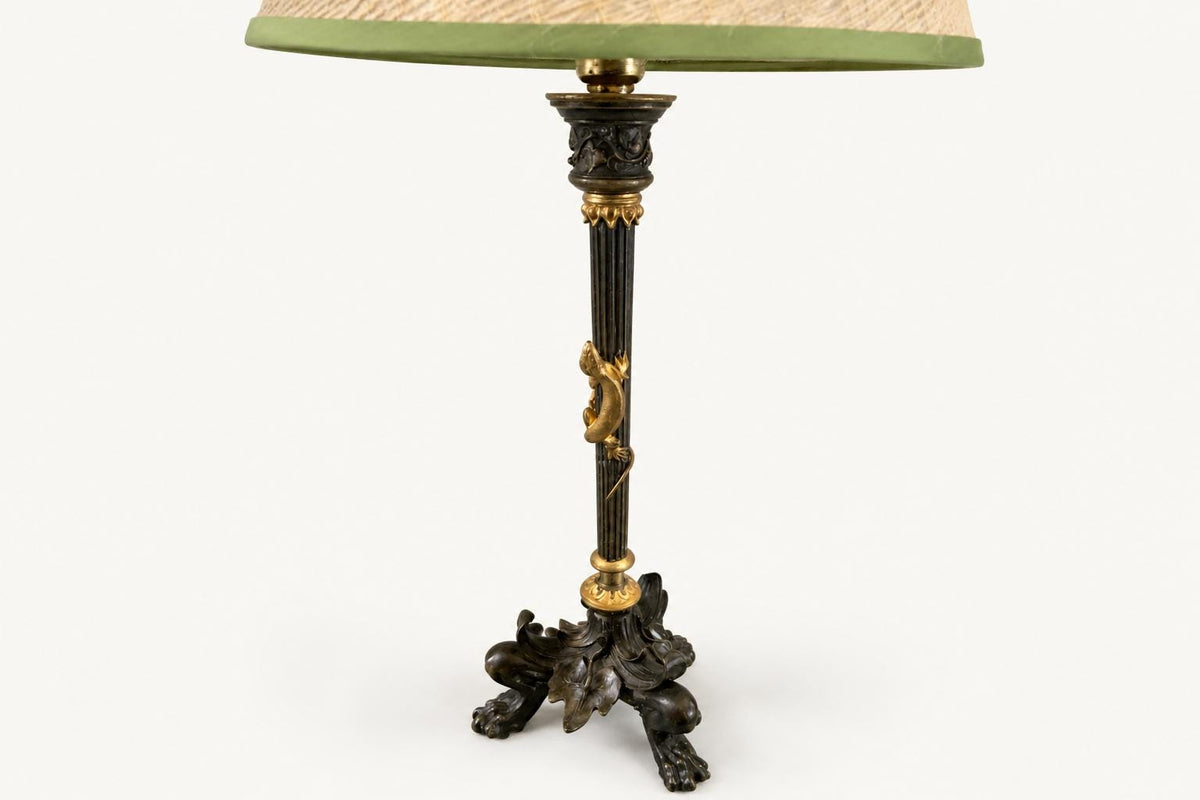 Bronze Candlestick Converted to Lamp, Salamander Motif, Style of Barbedienne, 19th Century