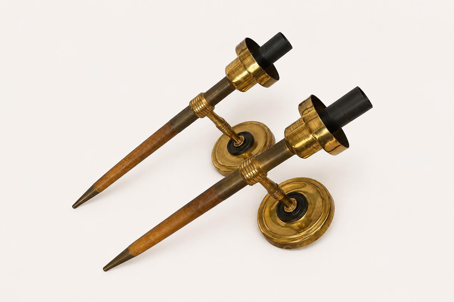 Pair of Wall Sconces, Attributed to Metalarte, Spanish Brass and Wood Design, 1950s