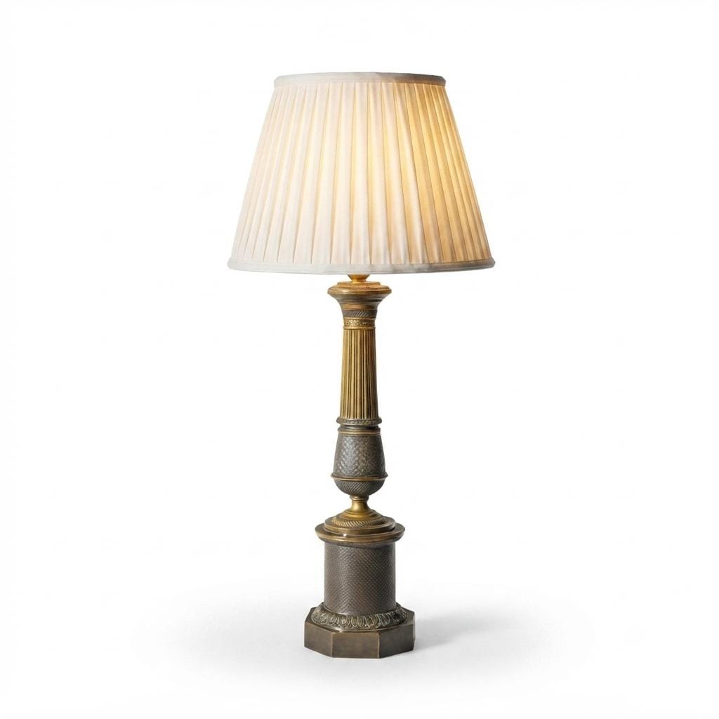 Antique Bronze Column Table Lamp, Hexagonal Base — Neoclassical, 19th Century