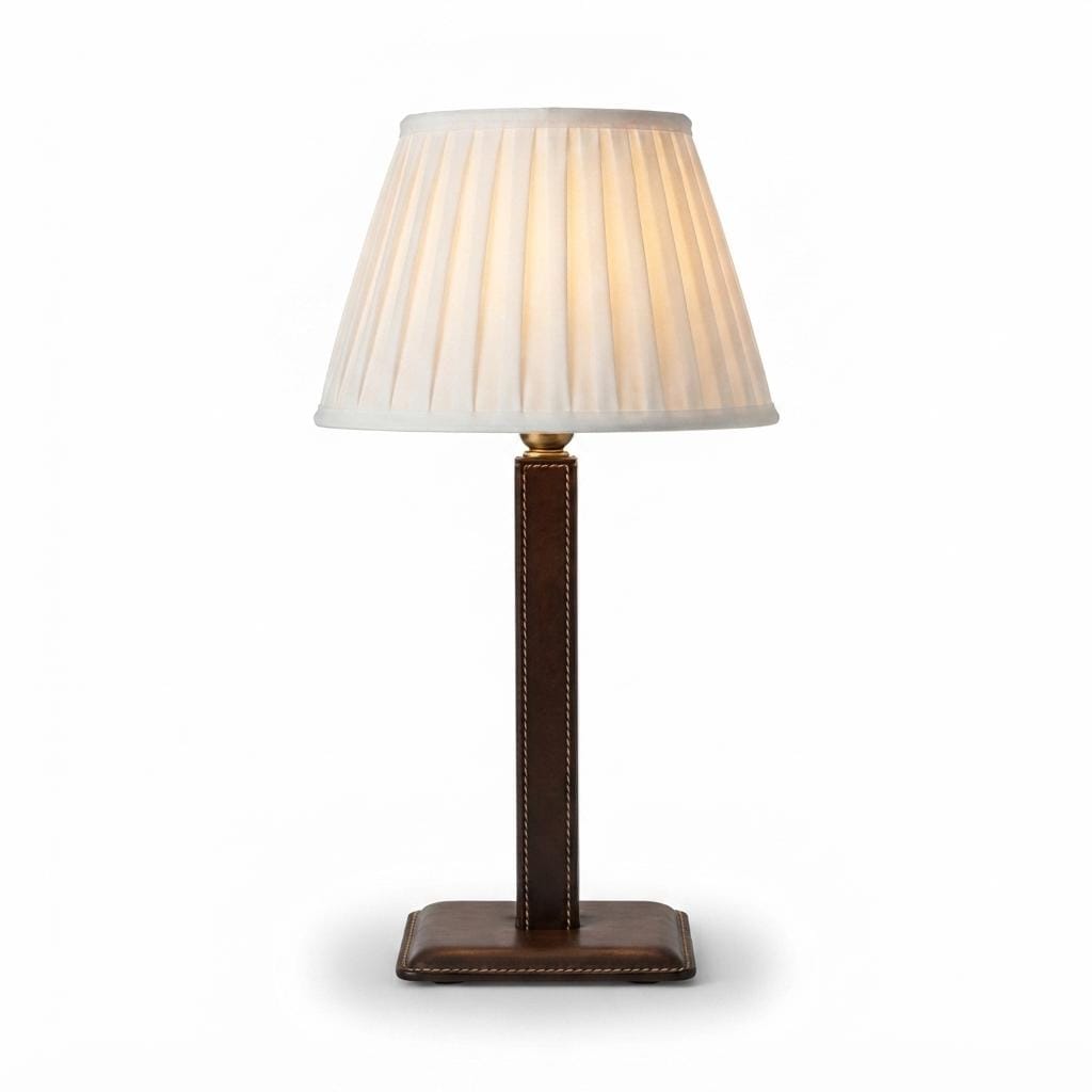 Vintage Leather Table Lamp, Pleated Shade — Mid-Century Modern, 1960s