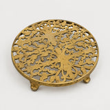 Vintage Pierced Brass-Toned Round Trivet, Footed Openwork Floral Design