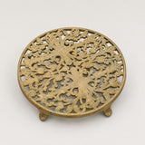 Vintage Pierced Brass-Toned Round Trivet, Footed Openwork Floral Design