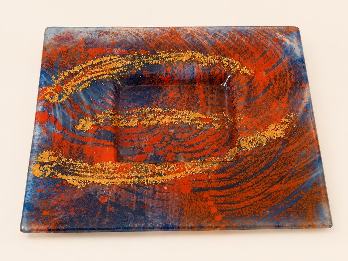 Abstract Art Glass Decorative Plate, Blue Copper Amber Swirl Design, Sculptural Centerpiece Tray