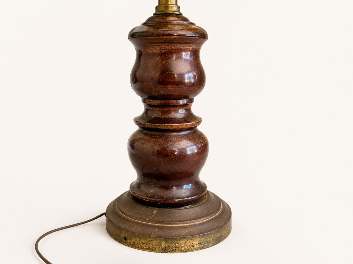 Vintage French Table Lamp, Turned Wood Base, Green Tole Shade, Empire Style, 1950s