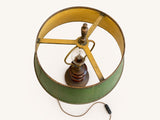 Vintage French Table Lamp, Turned Wood Base, Green Tole Shade, Empire Style, 1950s