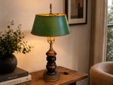 Vintage French Table Lamp, Turned Wood Base, Green Tole Shade, Empire Style, 1950s
