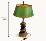 Vintage French Table Lamp, Turned Wood Base, Green Tole Shade, Empire Style, 1950s