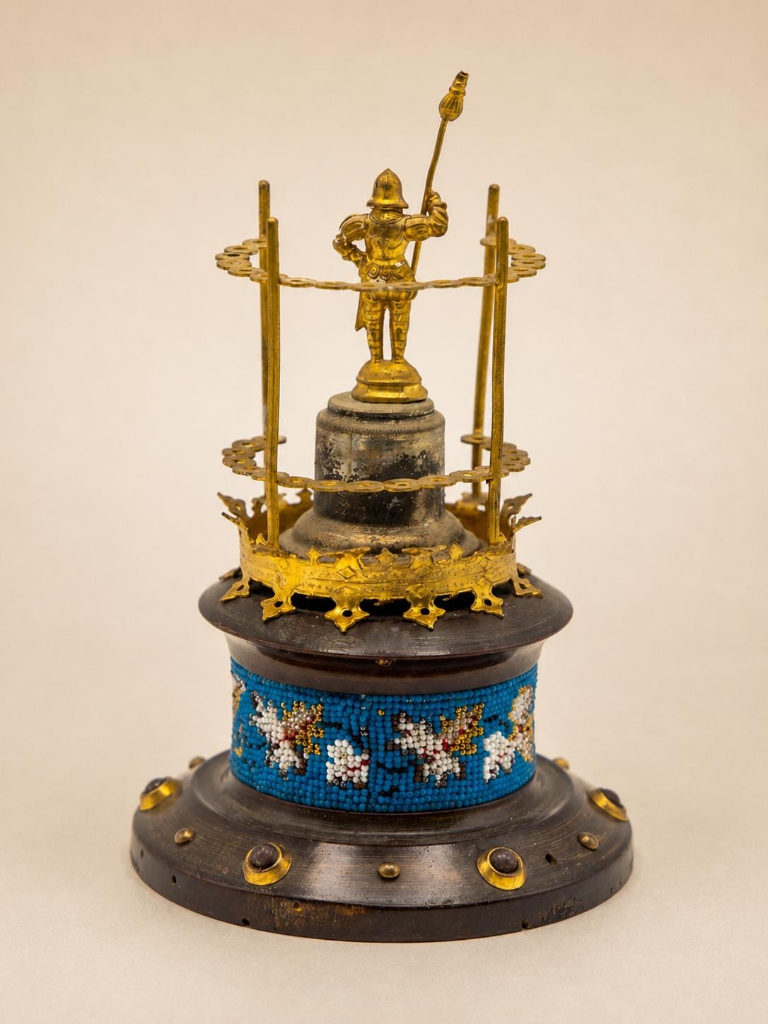 Vintage Knight Figural Toothpick Holder, Gold-Toned Metal, Beaded Wood Base, 1950s