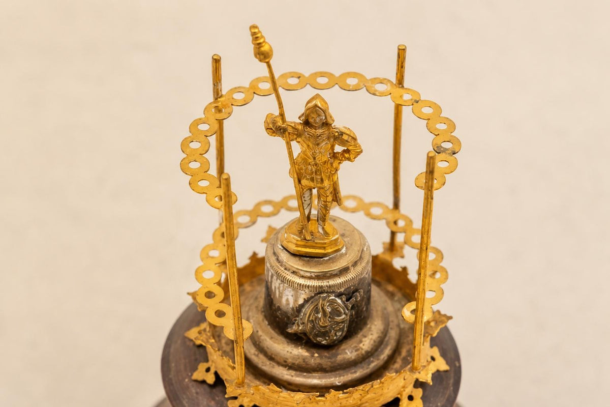 Vintage Knight Figural Toothpick Holder, Gold-Toned Metal, Beaded Wood Base, 1950s