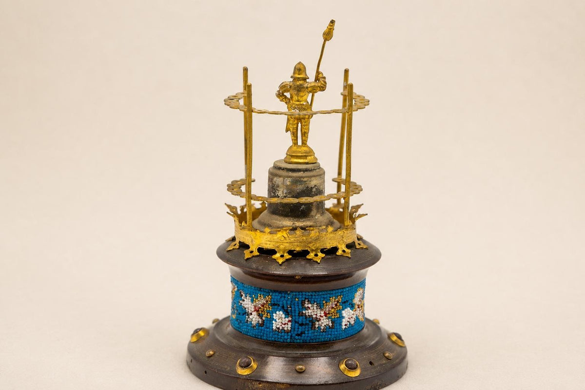 Vintage Knight Figural Toothpick Holder, Gold-Toned Metal, Beaded Wood Base, 1950s