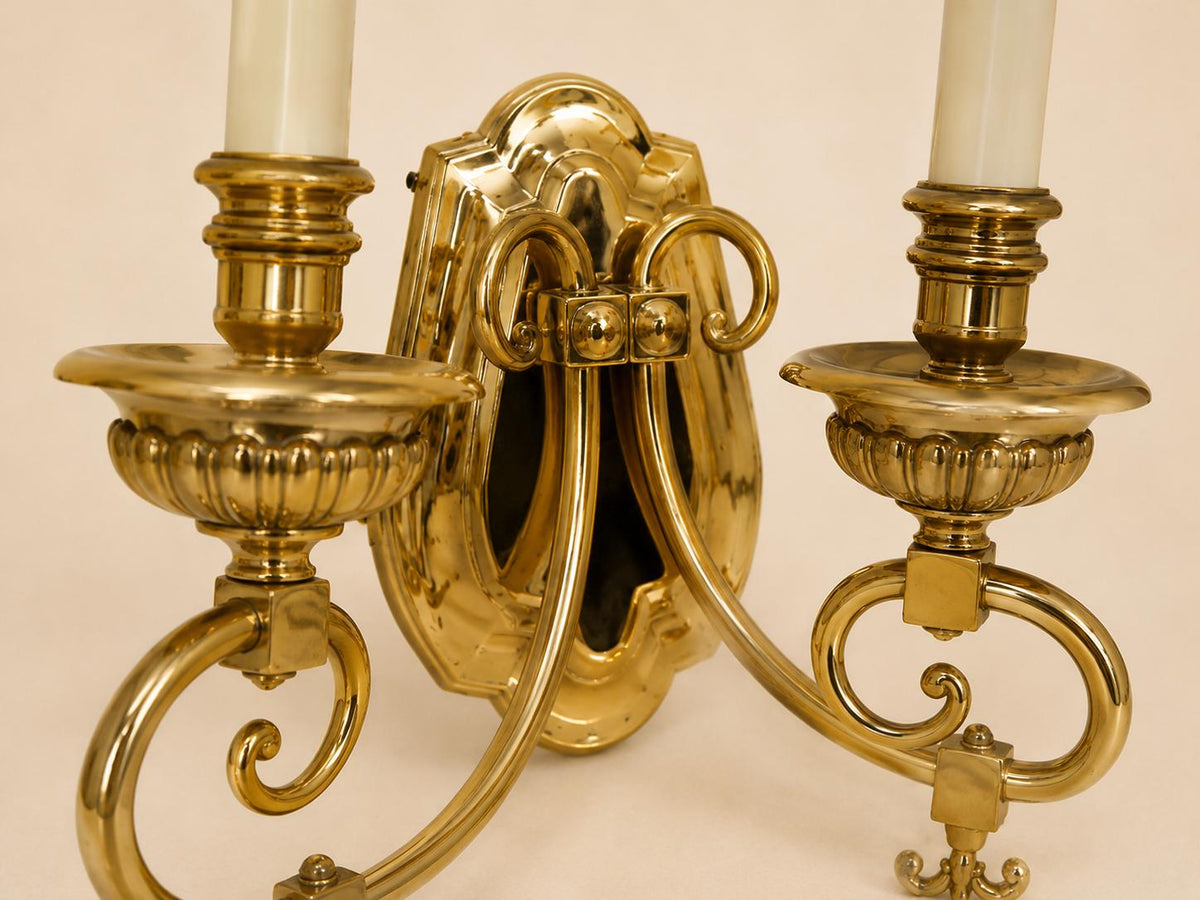 Vintage Pair of Brass Wall Sconces, 2-Light Louis XVI Style, Gold-Tone French Inspired Wall Lighting, Circa 1950s