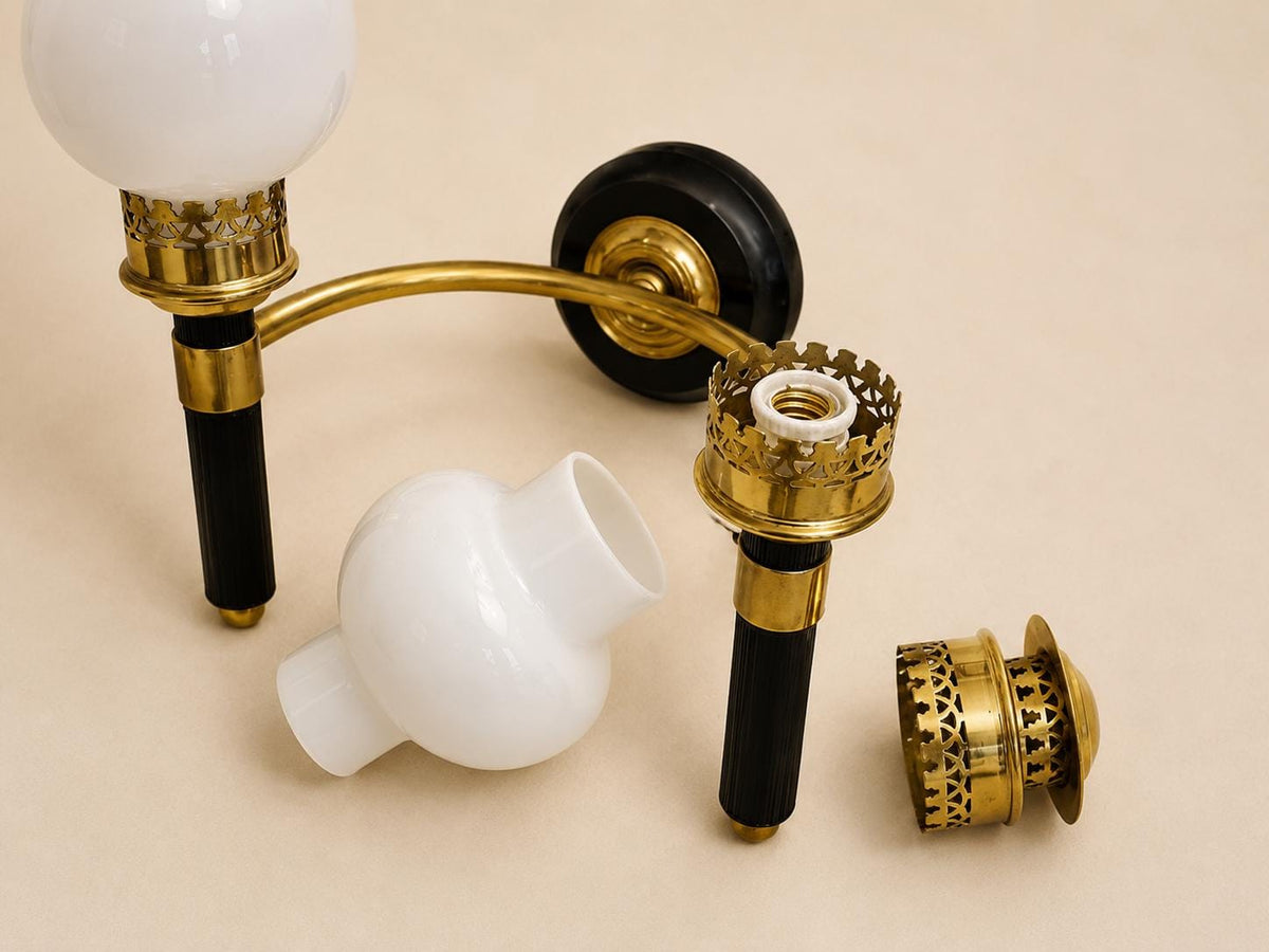Vintage Brass and Black Double-Arm Wall Sconces, Opal Glass Globes, Pierced Filigree Caps, Pair