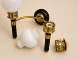 Vintage Brass and Black Double-Arm Wall Sconces, Opal Glass Globes, Pierced Filigree Caps, Pair