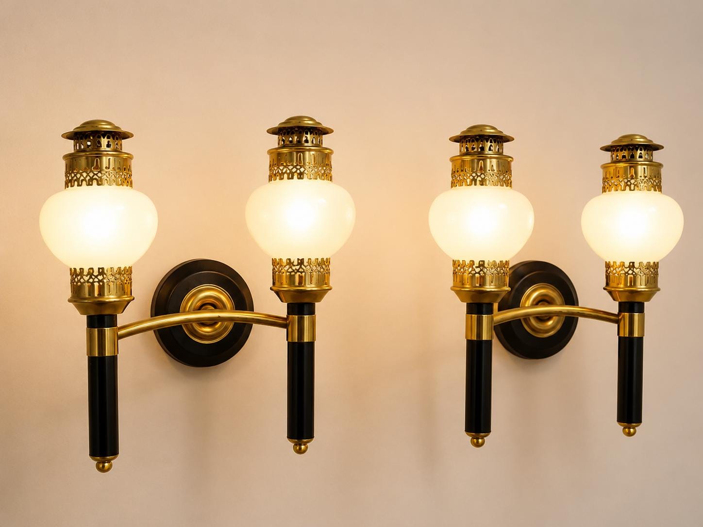 Vintage Brass and Black Double-Arm Wall Sconces, Opal Glass Globes, Pierced Filigree Caps, Pair