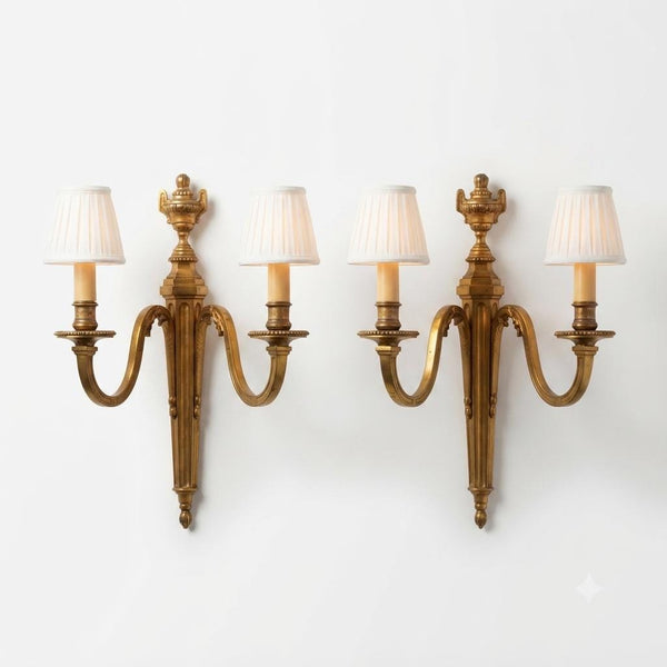 Vintage Brass Double-Arm Wall Sconces, Urn Finial Backplate, Pair, 1950s