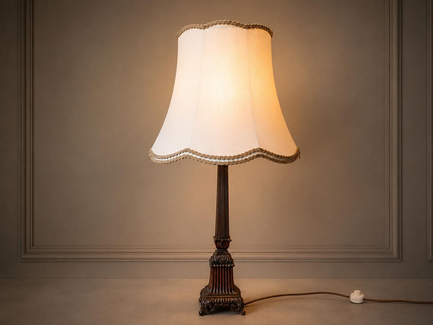 Antique Bronze-Finish Fluted Column Table Lamp, Cream Shade, Neoclassical Empire Style
