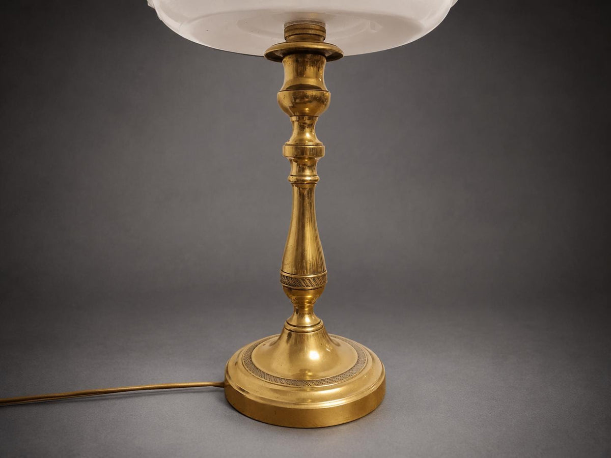 Antique Brass Candlestick Table Lamp, Frosted Glass Shade with Rose Band — Circa 1900