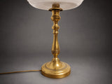 Antique Brass Candlestick Table Lamp, Frosted Glass Shade with Rose Band — Circa 1900