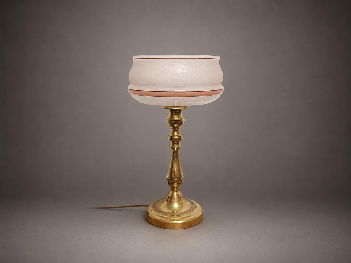 Antique Brass Candlestick Table Lamp, Frosted Glass Shade with Rose Band — Circa 1900