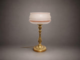 Antique Brass Candlestick Table Lamp, Frosted Glass Shade with Rose Band — Circa 1900