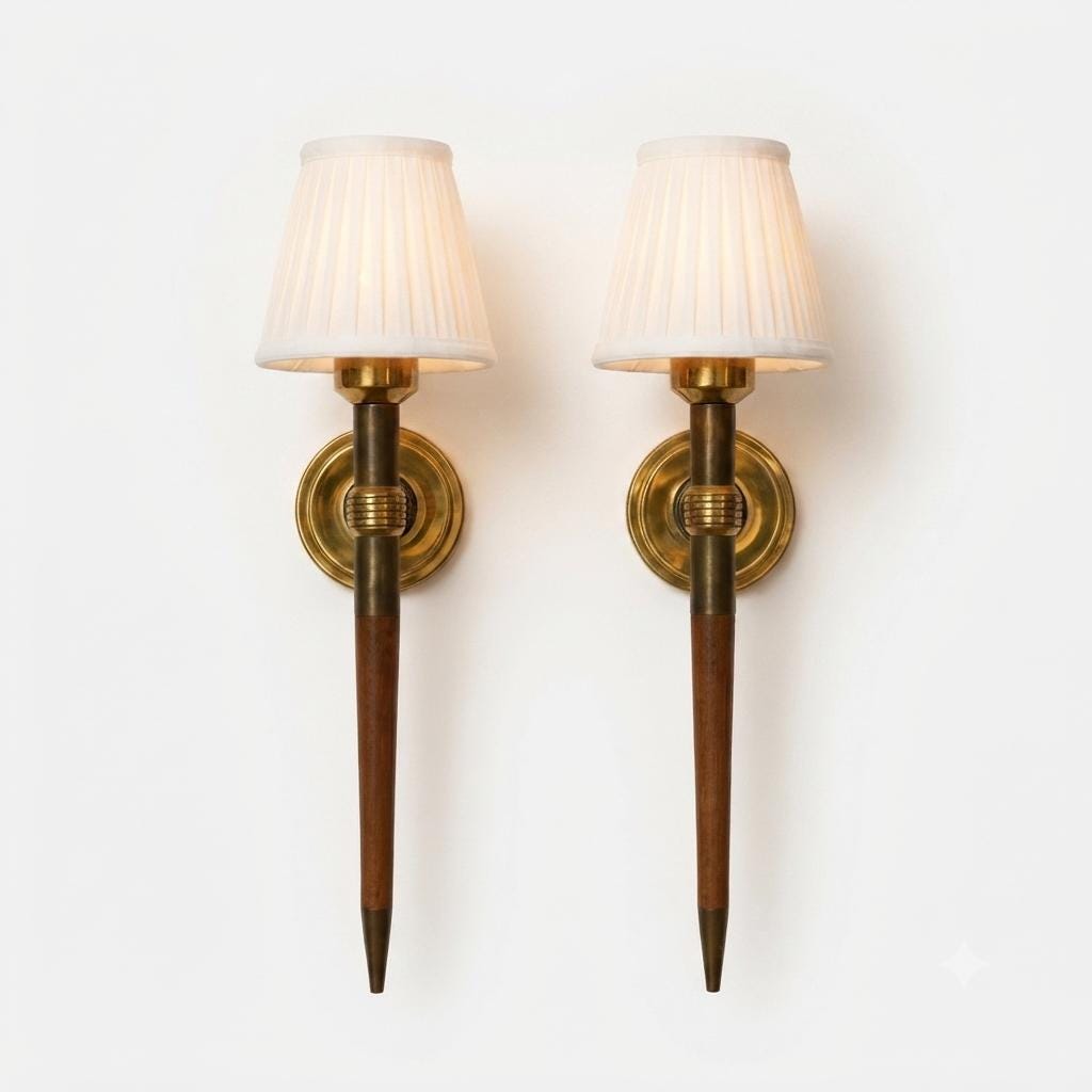 Pair of Wall Sconces, Attributed to Metalarte, Spanish Brass and Wood Design, 1950s