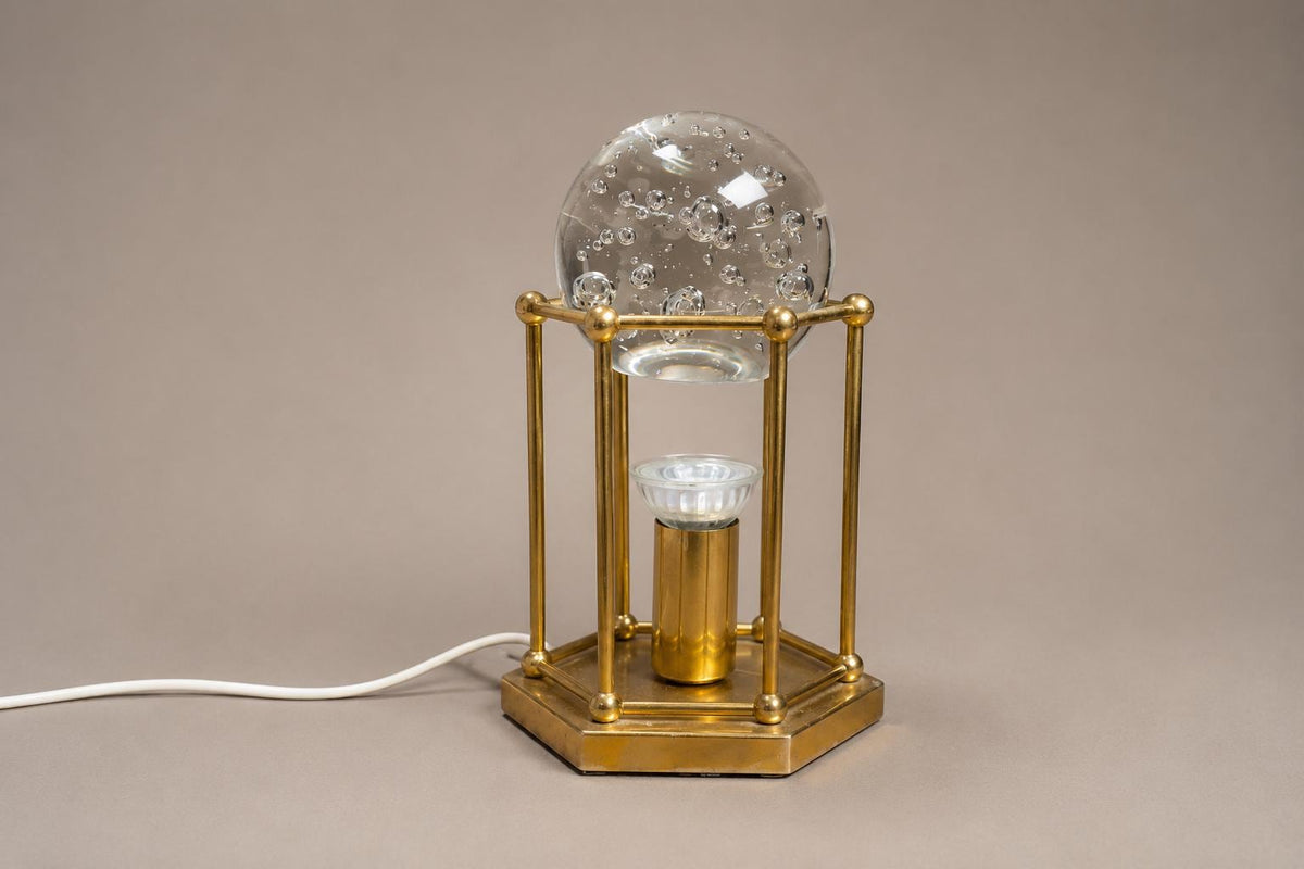 Brass Cage Lamp with Bubble Glass Sphere, Hexagonal Base