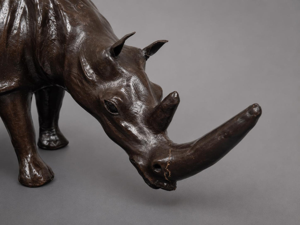 Vintage Leather Rhinoceros Sculpture, Large Safari-Style Animal Figure, 56cm Statement Decor Piece, 1970s
