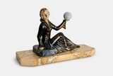 Vintage Spelter Sculpture, Seated Lady with Sphere, Marble Base — Art Deco Style, 1970s
