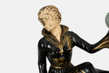 Vintage Spelter Sculpture, Seated Lady with Sphere, Marble Base — Art Deco Style, 1970s