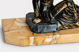 Vintage Spelter Sculpture, Seated Lady with Sphere, Marble Base — Art Deco Style, 1970s