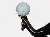 Vintage Spelter Sculpture, Seated Lady with Sphere, Marble Base — Art Deco Style, 1970s