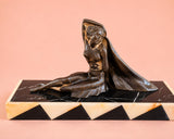 Art Deco Spelter Sculpture, Seated Woman on Chevron Marble Base — French, 1920s