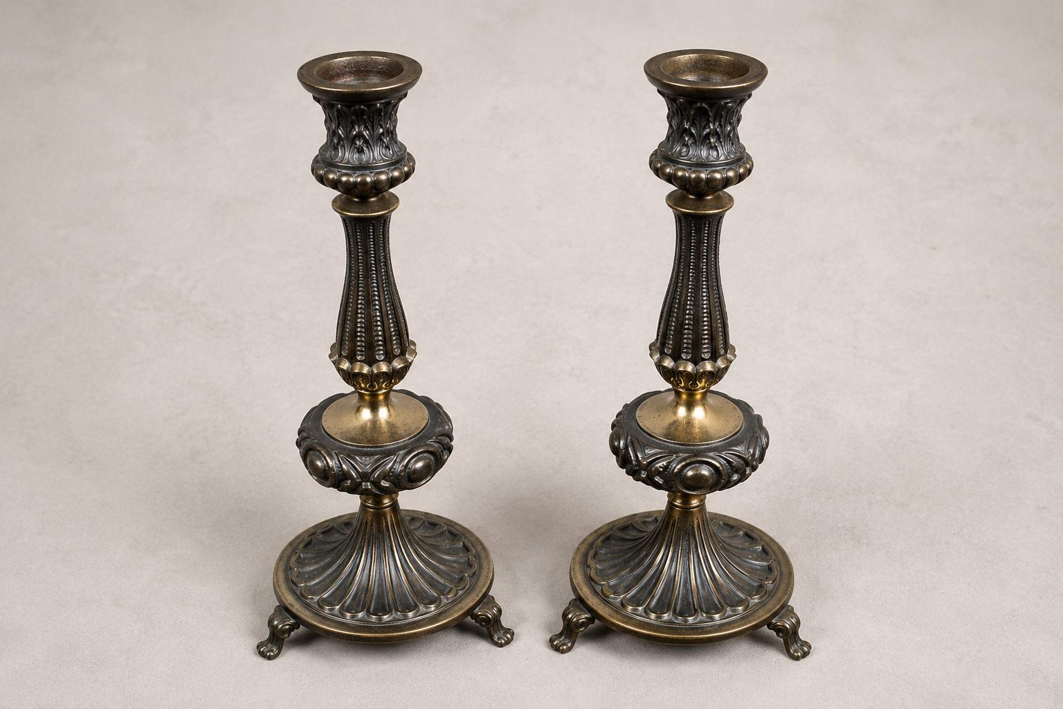 Vintage Candlestick Pair, Neoclassical Empire Style, Lion Paw Feet, 1950s