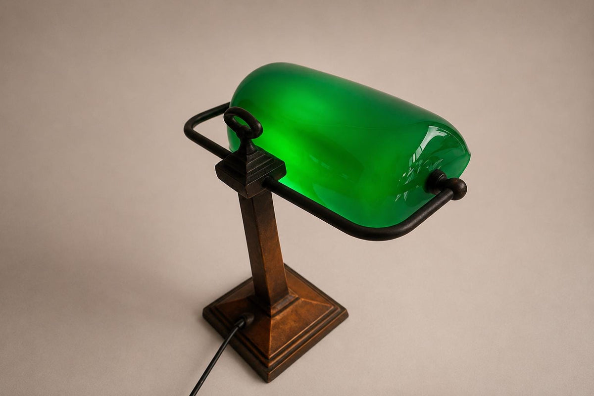 Green Glass Banker's Desk Lamp, Bronze-Tone Metal Base, Emeralite Style Lighting