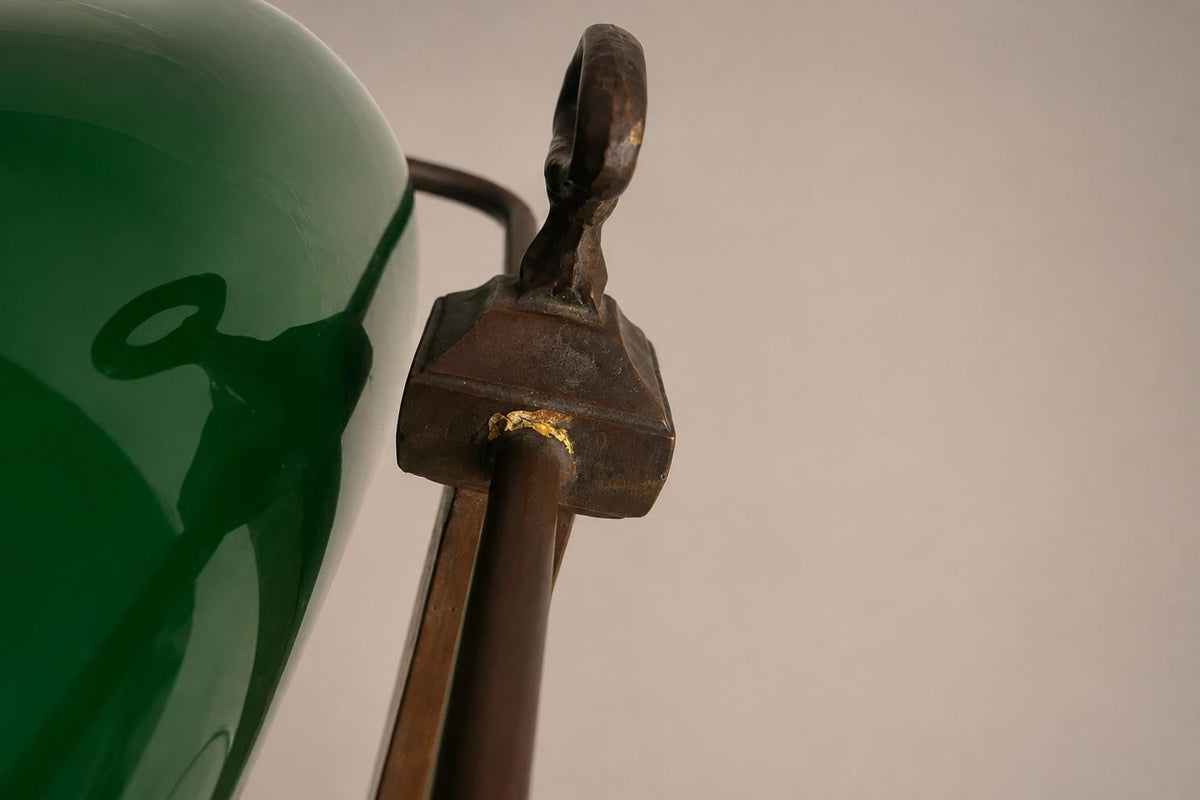 Green Glass Banker's Desk Lamp, Bronze-Tone Metal Base, Emeralite Style Lighting