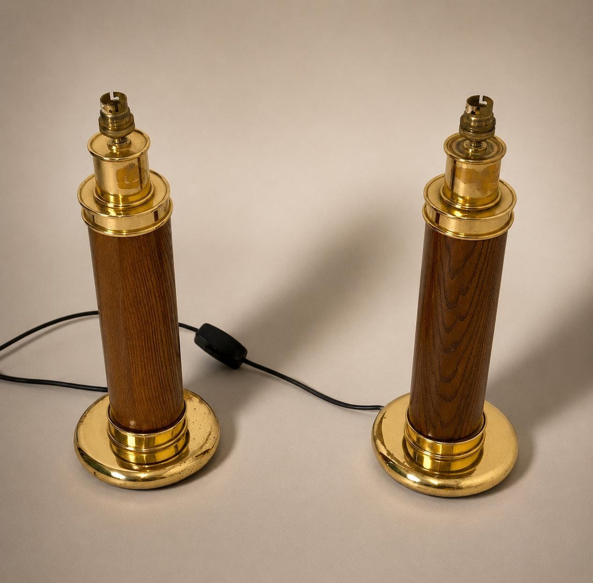 Vintage Pair of 1960s Wood & Brass Table Lamp Bases, Mid-Century Turned Column Lamps, Wired and Ready, Set of 2
