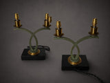 Vintage Sculptural Table Lamp Pair, Sage Green Loop Arms, Marble Base — Art Deco Style, 1950s