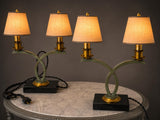Vintage Sculptural Table Lamp Pair, Sage Green Loop Arms, Marble Base — Art Deco Style, 1950s