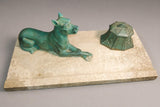 Art Deco Inkwell, Régule Dogue Sculpture with Green Patina on Marble Base, French Desk Accessory, Circa 1920s–30s