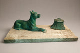 Art Deco Inkwell, Régule Dogue Sculpture with Green Patina on Marble Base, French Desk Accessory, Circa 1920s–30s