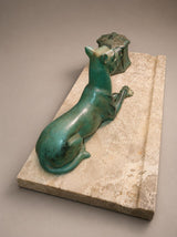 Art Deco Inkwell, Régule Dogue Sculpture with Green Patina on Marble Base, French Desk Accessory, Circa 1920s–30s