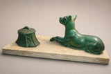 Art Deco Inkwell, Régule Dogue Sculpture with Green Patina on Marble Base, French Desk Accessory, Circa 1920s–30s